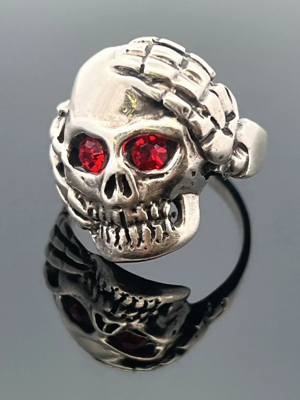 925 Silver Men's Gothic Skull Ring w/ Red Crystal Eyes & Skeleton Hands - Sz. 12